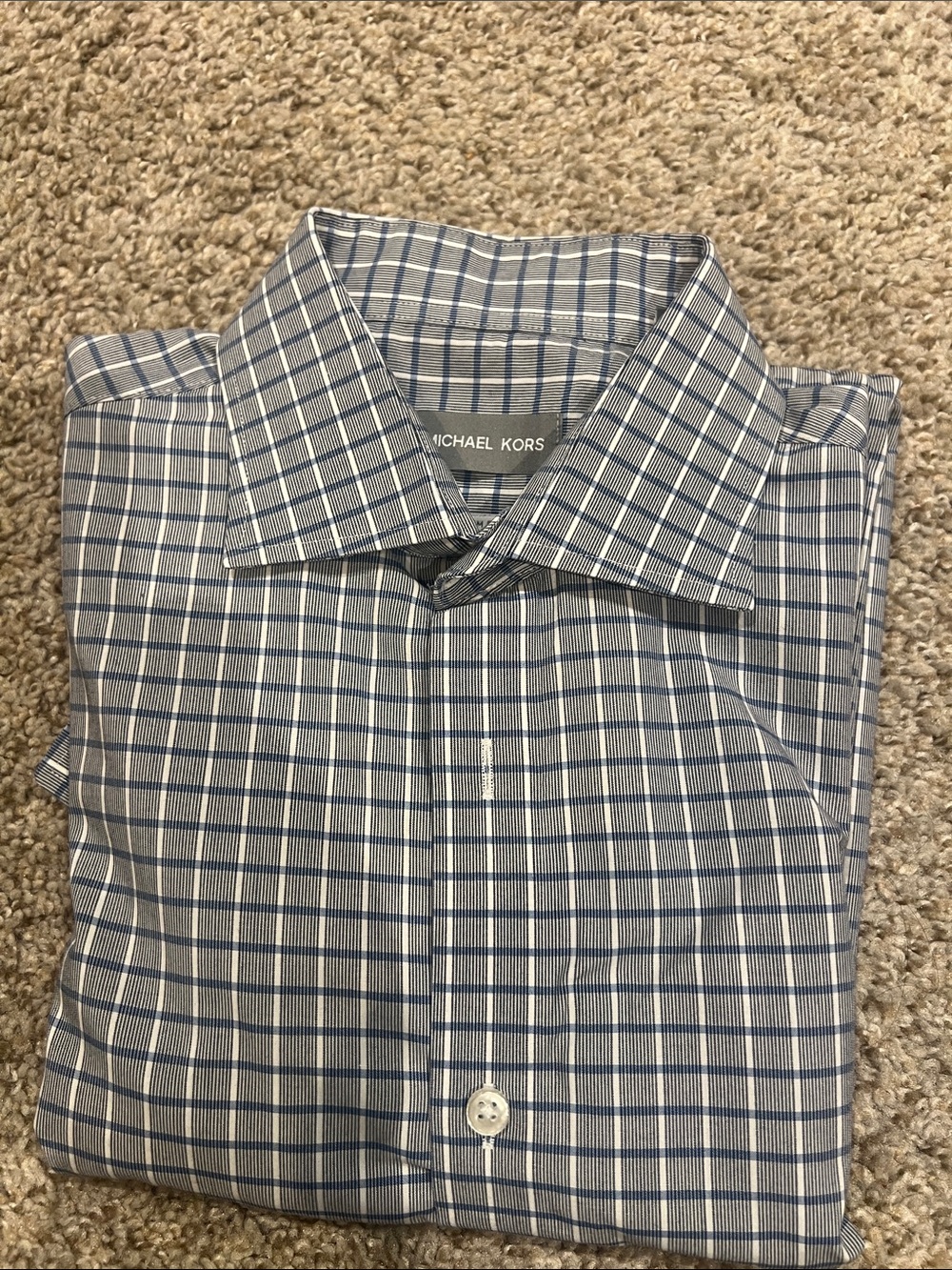 Michael Kors Men's Navy and White Checked Dress Shirt